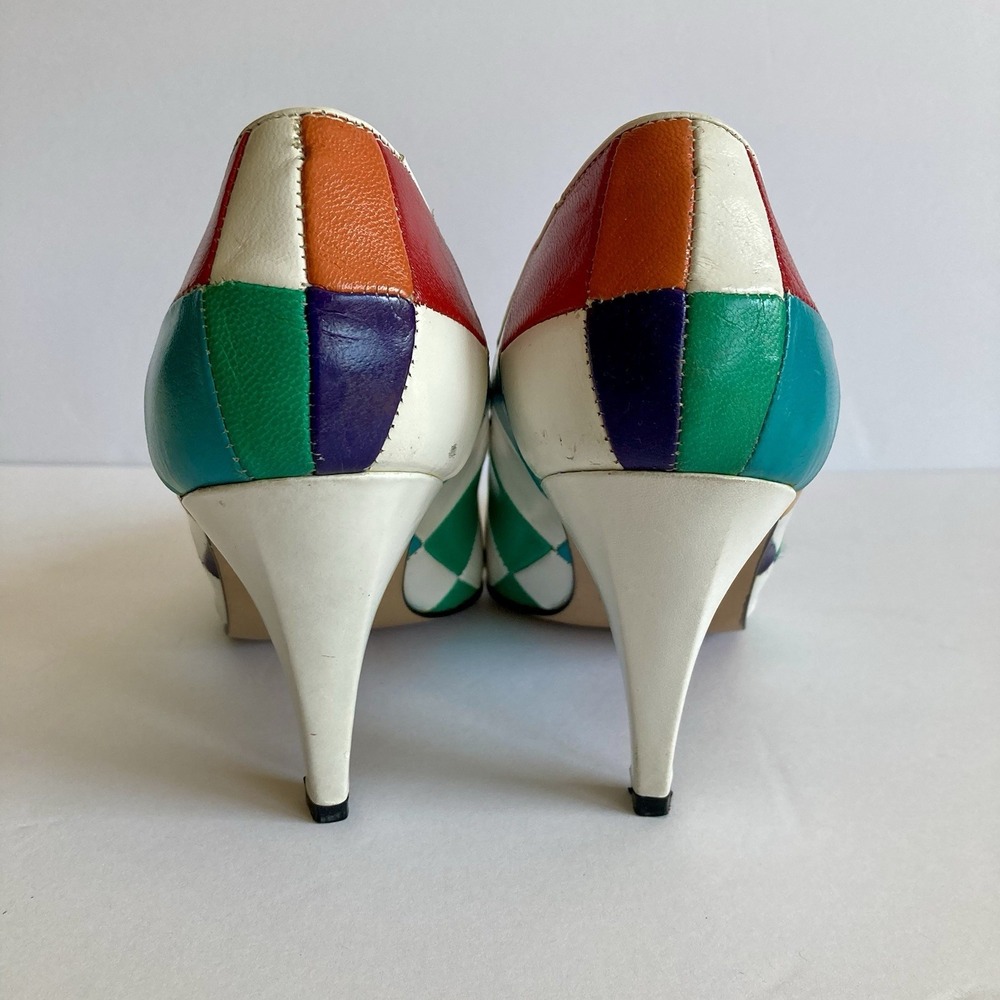Vtg Jack Sprat Rainbow Harlequin Mod Patchwork Pumps Leather Size 6B Colorblock - Picture 7 of 16